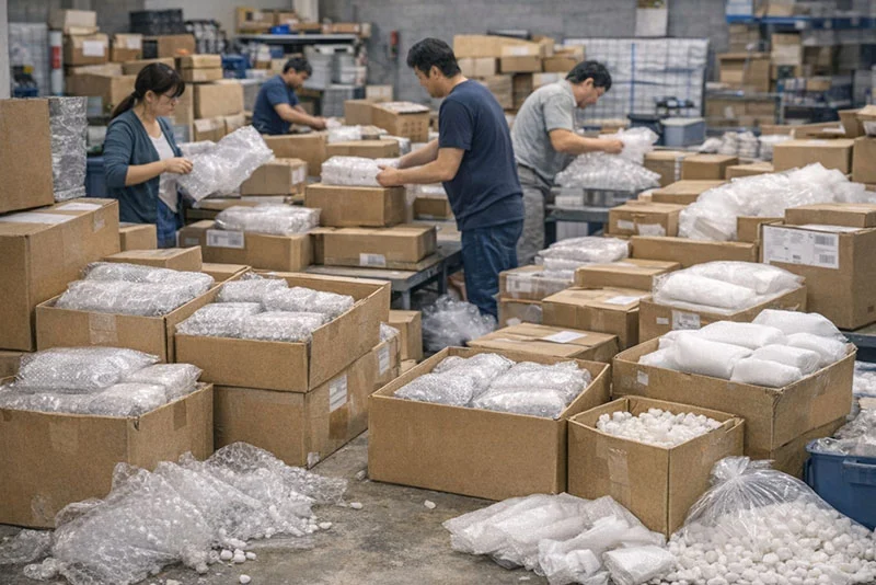 當氣墊機故障時無法運作時,倉儲現場改以氣泡布、珍珠棉與填充物進行人工包裝,作業效率明顯下降