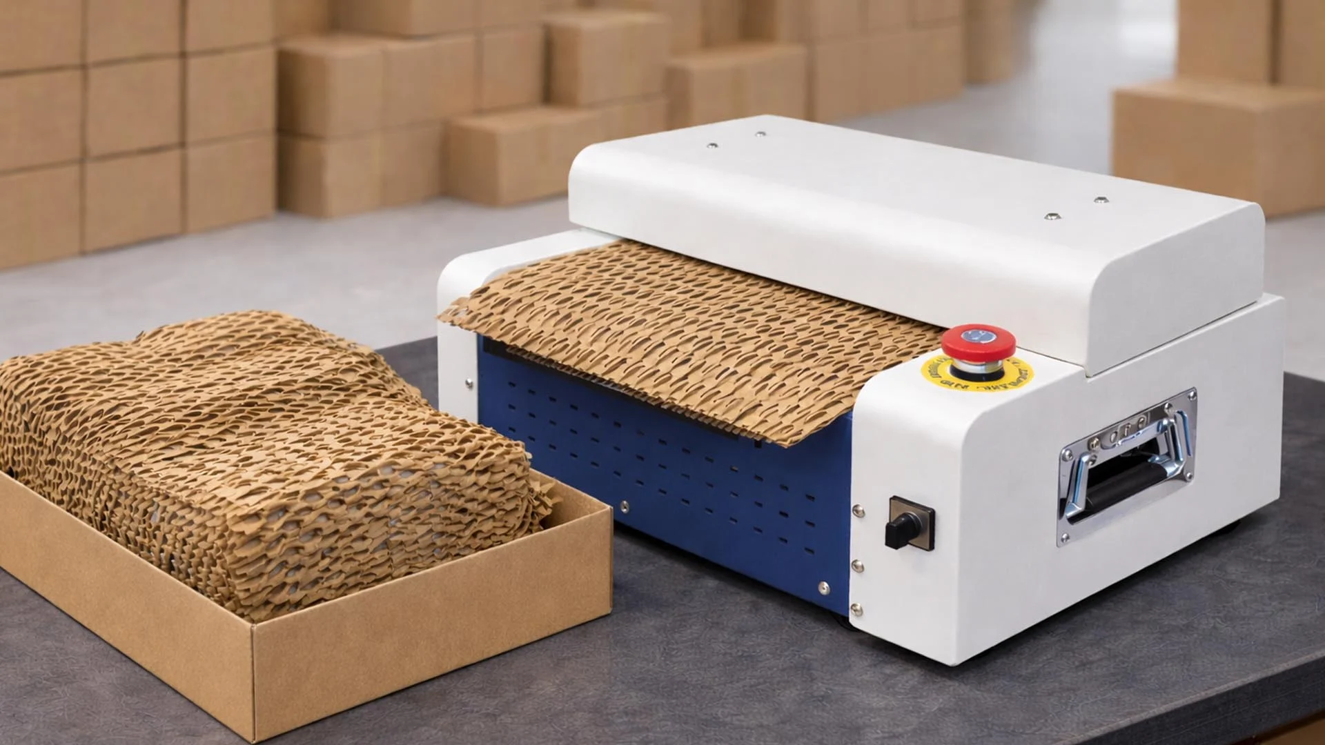 紙箱碎紙膨切機加工蜂巢緩衝紙並應用於包裝填充示意