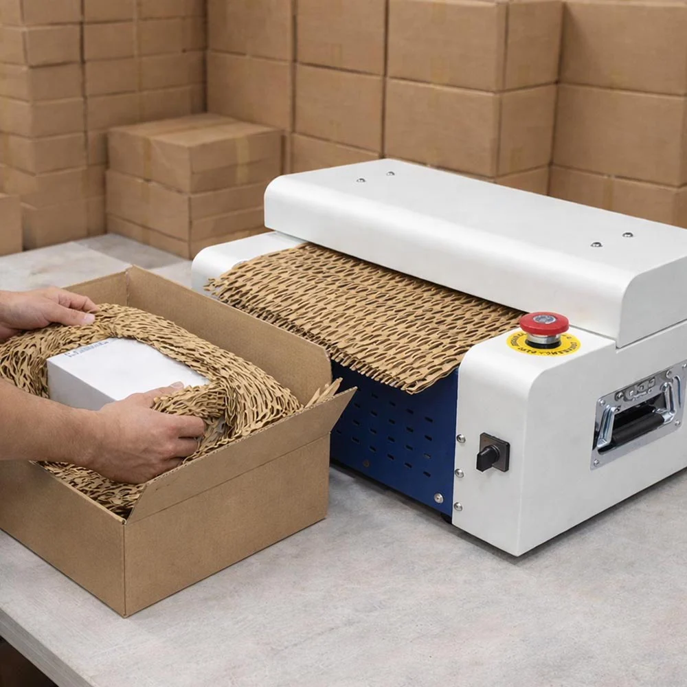 紙箱碎紙膨切機應用方式於包裝填充實際操作示意圖