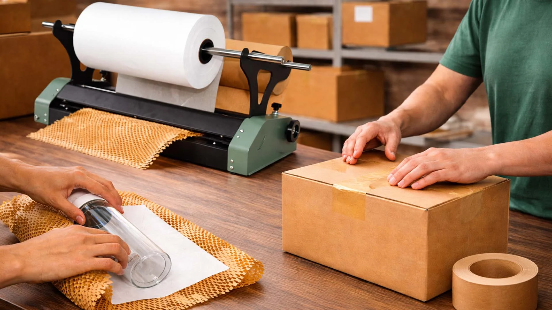 環保包材應用示意,使用蜂巢紙與紙材填充進行產品保護,搭配蜂巢紙拉伸機提升包裝效率