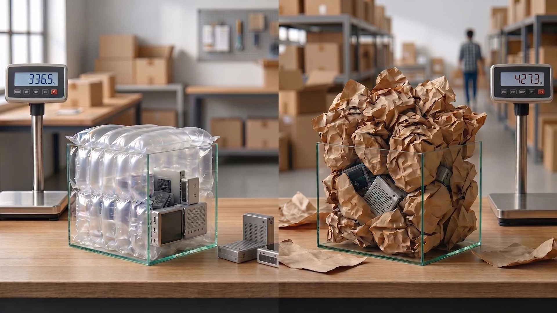 環保包裝使用量比較氣泡布與紙材填充重量差異示意